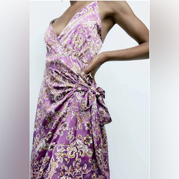 Zara Women’s Satin Effect Lavender Paisley Bow Tie Wrap Midi Dress - Size S - Picture 5 of 15